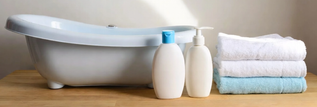 Newborn baby wrapped in towel after bath