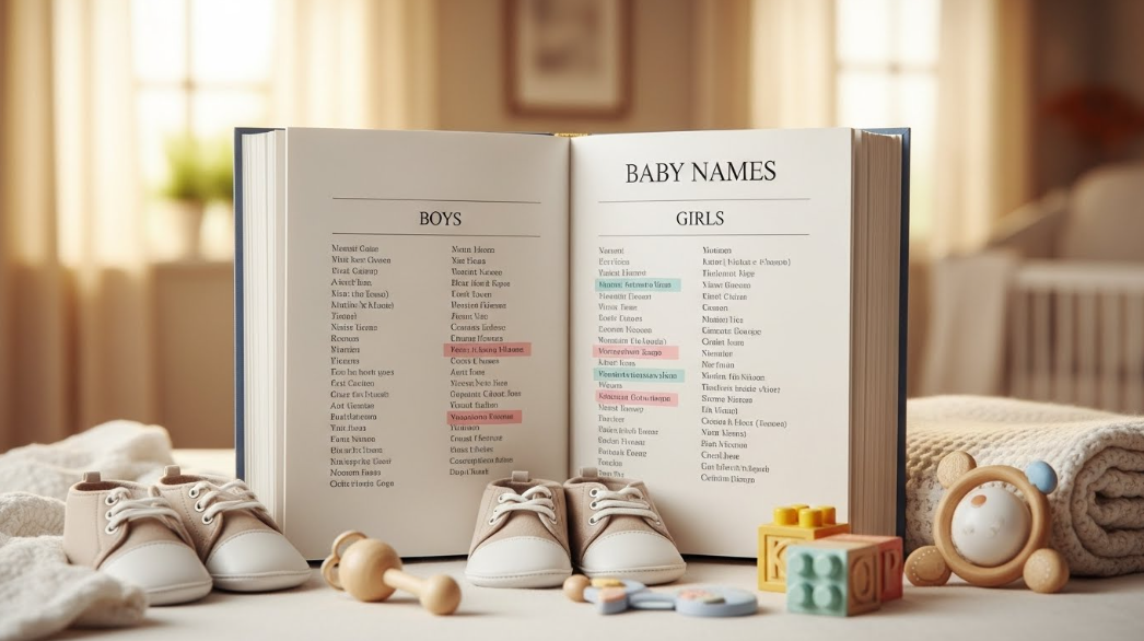 Notebook with baby name ideas written in it